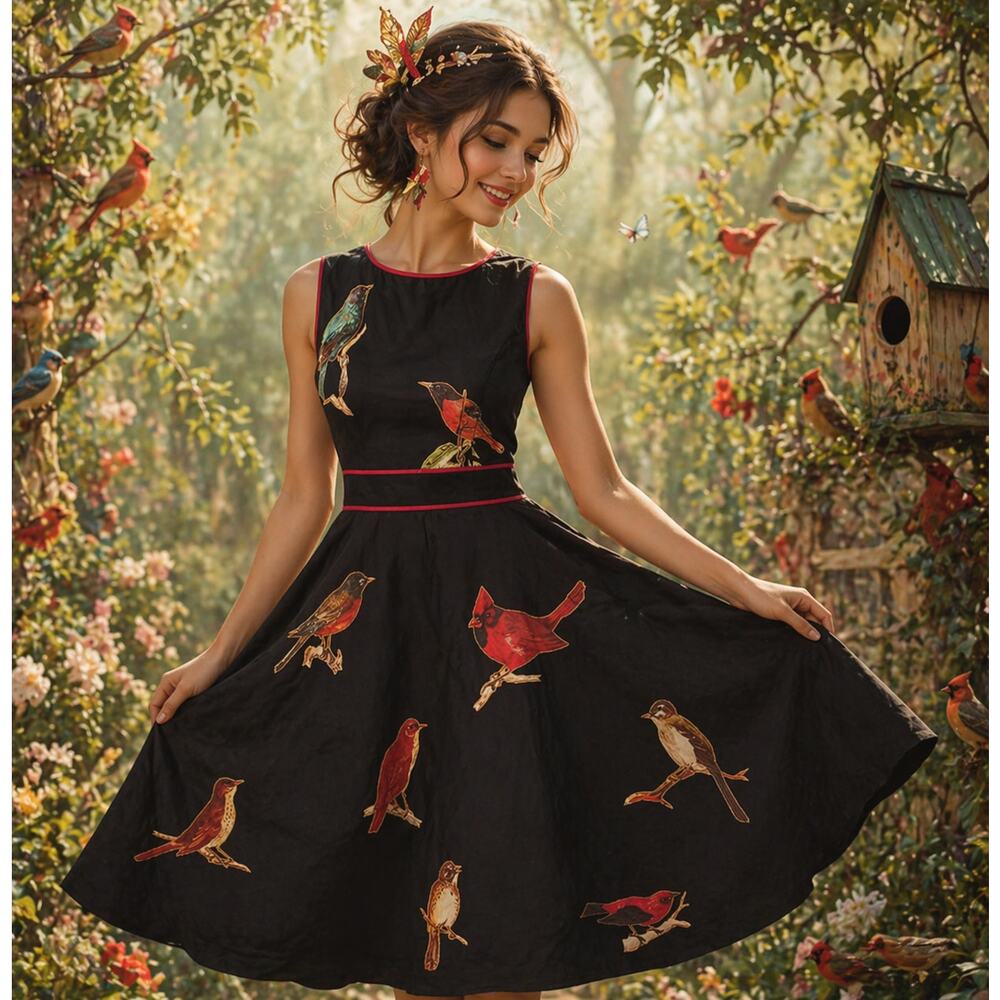 ESHAKTI Whimsical Bird Print Midi Dress With Pockets Size L